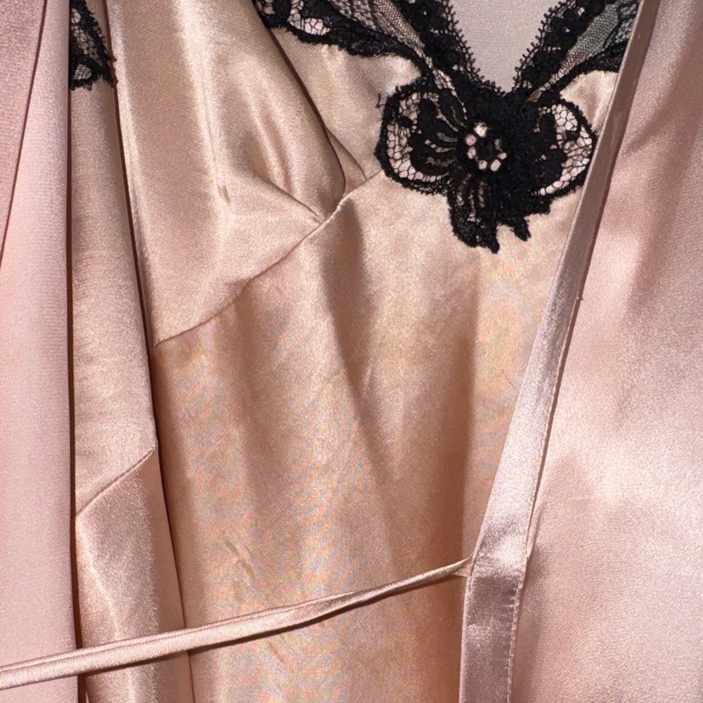 Oscar de la Renta Blush Satin Robe with Black Lace - Picture 6 of 12